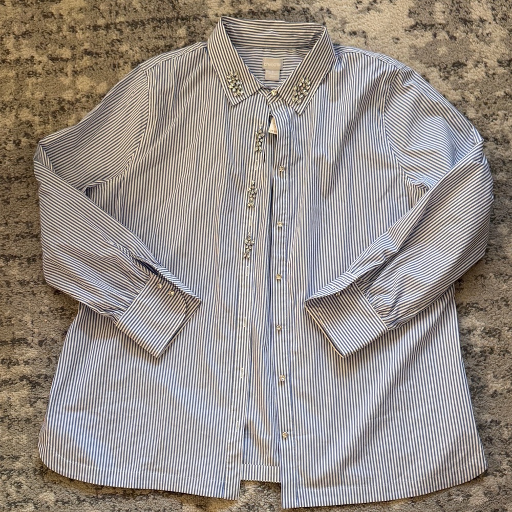 Chico's Blue Striped Shirt with Jewel Accents